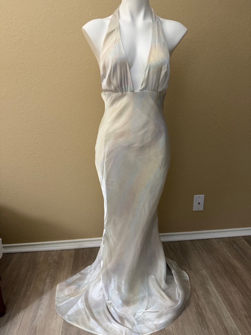 Zara Iridescent Pearl Halter Backless Satin Effect Gown